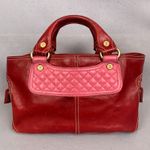 CELINE Red Leather Satchel Bag Pink Quilted Detail Designer Purse Classic Luxury Photo 1