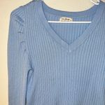 Love Always Blue Long Sleeve Puff Shoulder Ribbed Knit V Neck Pullover Sweater Photo 1