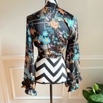 Black Bead  Black Flower Pattern Shug Bolero Top Tie Front Bell Sleeves Size M Photo 2