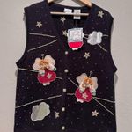 NWT Vintage Bobbie Brooks Black Embroidered Christmas Angels Sweater Vest Large Photo 0
