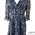 Lucy Paris  BLUE FLORAL RUFFLE CHIFFON FLUTTERY‎ DRESS LARGE NWT Photo 0