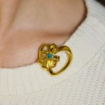 Vintage Gold Heart Brooch with Blue Crystal Center – Elegant Bow Design Photo 1
