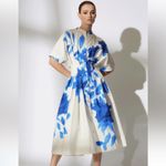 Natori White Blue Floral Collared Front Button Cinched Waist Andora Dress Size 8 Photo 2