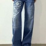 Women Low Rise Washed Baggy Jeans Heart Floral Graffiti Wide Leg Denim Sz Sm Blue Photo 0
