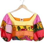 Farm Rio Tiered Top Rainbow Mixed Print Cropped Linen Multicolor Puff Sleeve Sm Photo 12