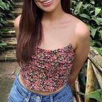 ZARA Floral Print Rayon Strapless Corset Crop Top Red Pink Green Black Size XS Photo 2