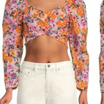 Something Navy Puff Sleeve Floral Crop Top Womens Size XXS Linen Blend NEW Photo 0