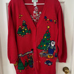 Quacker Factory Christmas Applique Embroidered Sweater Cardigan Red Santa 1X Photo 0