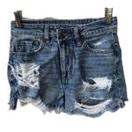 American Eagle Strigid Factory Faded Distressed Rip Raw Hem Mom Denim Shorts 00 Photo 0