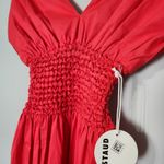 STAUD Jackson Hibiscus Red Smocked Midi Dress Cotton Poplin Holiday Fit & Flare Photo 6