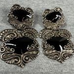 Vintage Black Silver Ornate Luggage Tag Articulated Earrings Scrollwork Design Photo 1