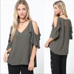 Love Riche Ruffle Sleeve Cold Shoulder Top Army Green Small V-neck Photo 1