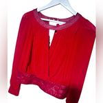 Windsor Sheer Red Top With Leather Trim Waist And Collar NWT Large Photo 5