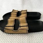 MNG Mango Black Tan Double Buckle Slide Suede Strap Sandals 37 Size 6 Photo 0