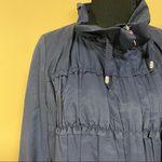 Tahari 🛍️ Navy Blue Mint 3/4 Sleeve Hoodless High Collar Ruffle Frill Jacket L Photo 3