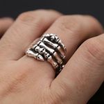 925 Silver Plated Adjustable Skull Hand Ring for Men Women,Punk Hip Hop Ring Photo 1