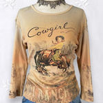 Vintage Tan Brown Early 2000's Western Cowboy Graphic Print Long Sleeve Top L Size L Photo 0