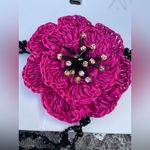 ZARA  Raffia Pink Magenta Flower Black Glass Bead Choker Necklace Photo 4