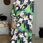 PatBo Kimono Sleeve Wrap Top black and green with white flowers blouse sz L Photo 5