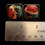 Cloisonné flower colorful clip on earrings vintage diamond shape red blue gold Photo 2