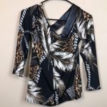 Venus Women’s Chain Feather Animal Print Faux Leather Strappy 7/8 Sleeve Blouse Photo 4