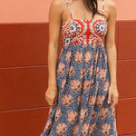 Natural Life  NEW Bailey Maxi Dress Red Navy Boho Floral Smocked Bodice Size L Photo 0