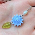 Handmade unique funky cute light blue ceramic sun & Czech glass leaf & freshwater pearl necklace☀️🌿 Photo 1