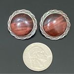 Unique Vintage  STERLING Signed Red Tiger Eye Large Cabochon Clip-On Earrings 15g Photo 8