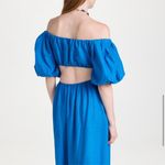 Farm Rio Blue Off-Shoulder Linen Midi Knot Dress Cutout Size L NWT Photo 3