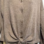 Liberty Love Brown Ribbed Knit Button Down Tie Front Blouse Women’s Size L Top Photo 1