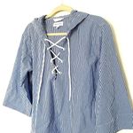 Free Assembly Oversized Striped Lace Up Cotton Hooded Blouse Top Sz S Blue Photo 8