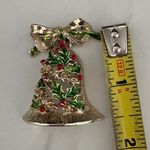 Vintage 1950's GERMANY Christmas Bell Bow Holly Red Berry Brooch Holiday Jewelry Gold Photo 1