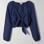 Wilfred Aritzia Linen Tie-Front Crop Top Blouse XS - Navy Blue Photo 0