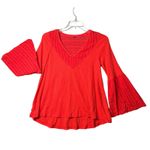 Free People  Shirt Womens Medium Red Just Like Honey Thermal Bell Sleeve Boho Photo 1
