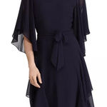 Ralph Lauren Lauren Cocktail Dress Mandie Navy Blue Ruffled Knee-Length Sz 14 Photo 0