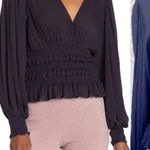 Pookie & Sebastian Smocked Bell Sleeve Top in Navy Photo 1