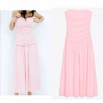 ZARA NWT light pink strapless bandeau ruched drop waist midi flowy shift dress Photo 1