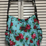Betsey Johnson Shoulder Bag Purse Floral Teal/Red Roses Studs Logo Side Pockets Photo 0