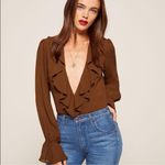 Reformation Brown Ruffle Penny Bodysuit Size Medium Photo 1