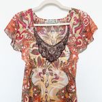 Y2K Unity Top Mesh Paisley Print Crochet Brown Orange‎ Size M Boho Forest Fairy Size M Photo 1