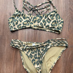 Aerie Leopard Print Strappy Bikini Swimsuit Set Green Tan Medium Photo 0
