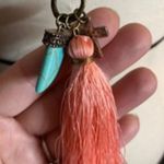 None 32" Gold Chain Necklace Faith Plate with Pink Tassel, Teal Horn, and Cross Charm Photo 0