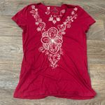 Johnny Was  Red Embroidered T-Shirt Women’s Medium Boho White Floral Stitching Photo 0