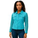 Just B Turquoise Eyelet Embroidered Jacket Size S | Floral Lace Sleeves & Beaded Blue Photo 9
