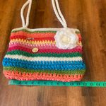 Lina Shoulder Bag Colorful Rainbow Stripe Crochet with Floral Pin Zipper Pull Red Photo 3
