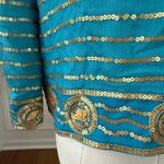 Trina Turk  Turquoise Blue 100% Silk Gold Sequin Bolero Jacket 0 XS S Photo 6
