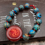 Handmade Boho Beaded Stretch Bracelet Red Floral Glass Centerpiece Blue Swirl Photo 0