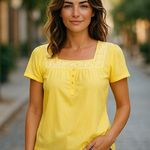 NWT ~ Yellow Embroidered Boho Square Neckline Bohemian Blouse ~ Women's LARGE Photo 0