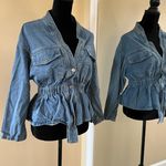 Drop Shoulder Denim Jacket Coat Trench Cardigan Blouse Loose Slim Waist Blue Photo 1