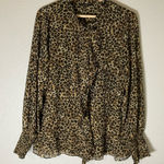 Tahari  Leopard Blouse Womens Large Bell Sleeve Ruffle Front Gathered Cuff‎ Photo 0